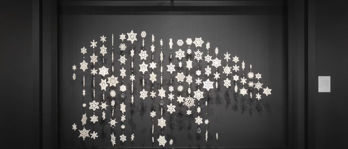 Janice Wright Cheney Spectre, 2014, crocheted wool, crystals, wooden armature. Site specific installation at the Anchorage Museum, Alaska. Photo courtesy of Anchorage Museum